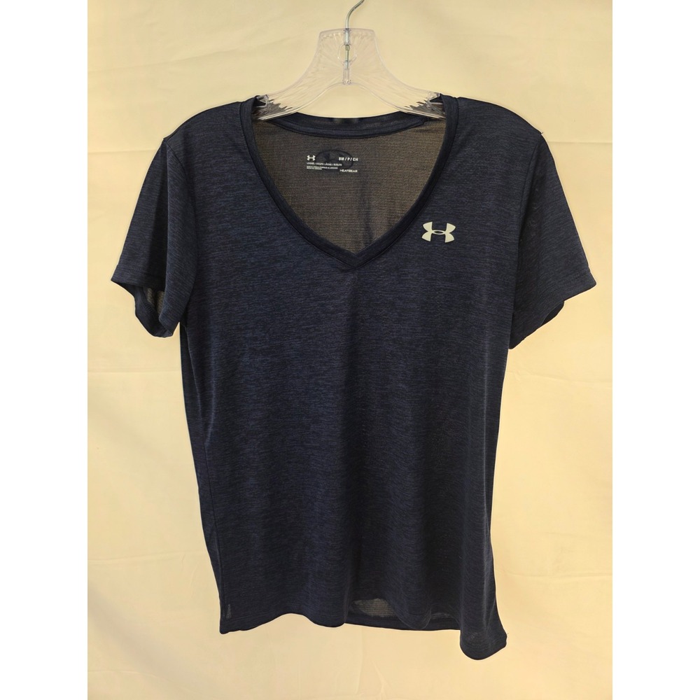 Under Armour HeatGear Womens V-Neck Short Sleeve Shirt Navy Blue Heather Small